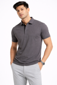 Slate grey corporate polo T-shirt with custom logo printing