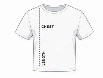 T-shirt measurement illustration showing chest width and length guide for custom apparel sizing by BrandTeesCo