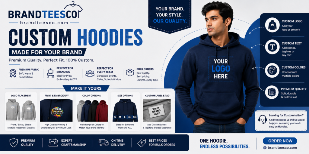 Custom branded hoodies for corporate teams, employee uniforms and promotional apparel by Brand Tees Co Hyderabad
