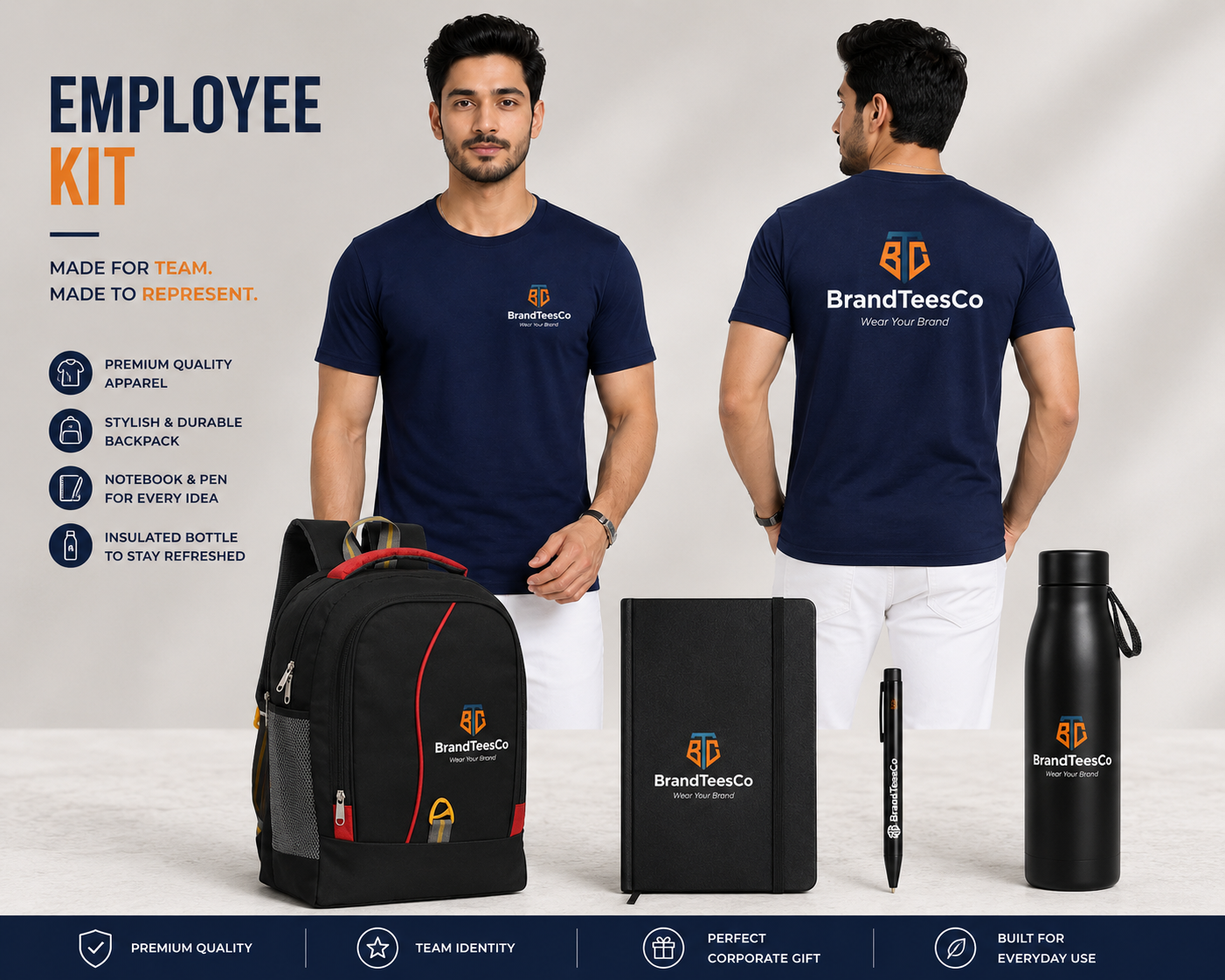 Basic Employee Welcome Kit with branded corporate T-shirt, backpack, notebook and bottle by Brand Tees Co Hyderabad