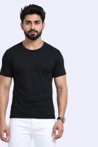 Ecobliss eco-friendly black round neck T-shirt made from recycled polyester and cotton blend.