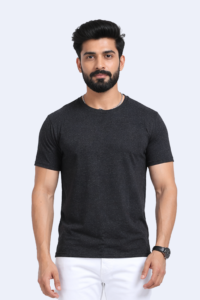 Ecobliss carbon black round neck T-shirt made from recycled polyester and cotton.
