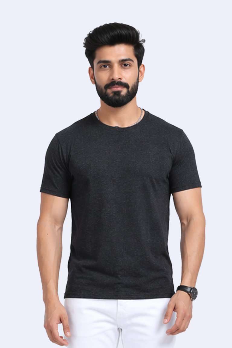 Ecobliss carbon black round neck T-shirt made from recycled polyester and cotton.