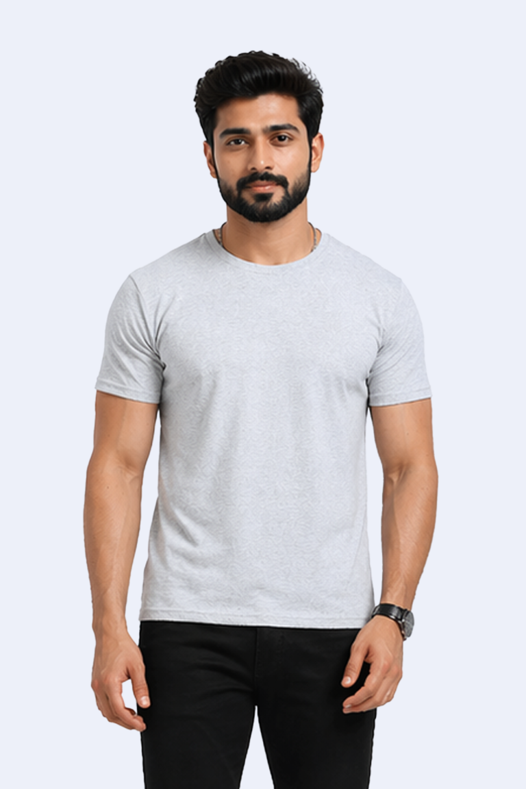 Ecobliss grey round neck T-shirt in lightweight recycled polycotton blend.