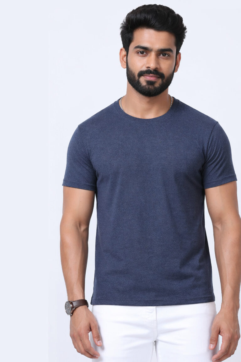 Ecobliss melange navy blue round neck T-shirt in eco-friendly recycled polycotton.