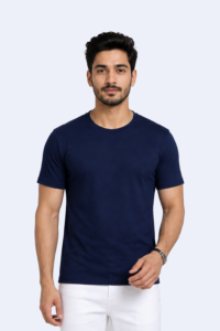 Ecobliss navy blue round neck T-shirt made with recycled polyester and cotton blend.