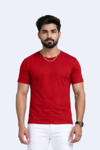 Ecobliss eco-conscious red round neck T-shirt in 180 GSM recycled polycotton.