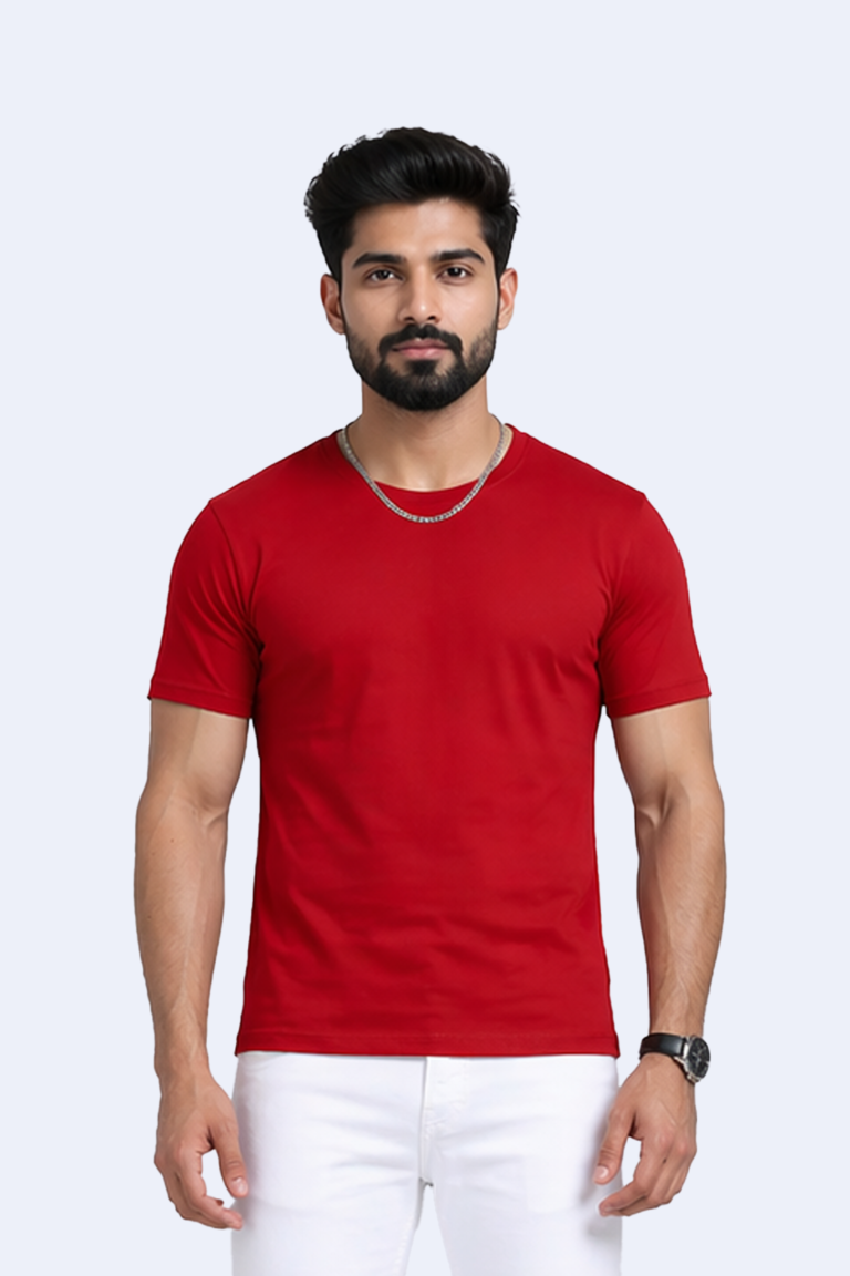 Ecobliss eco-conscious red round neck T-shirt in 180 GSM recycled polycotton.