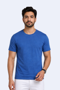 Ecobliss eco-friendly royal blue round neck T-shirt in 180 GSM recycled polycotton fabric.